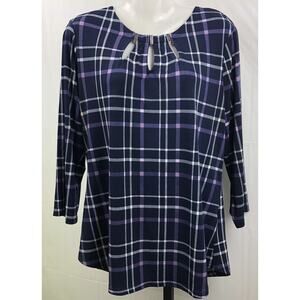 7th Avenue NY& Co Blouse Women L Navy Plaid Embellish Keyhole Stretch Top Career
